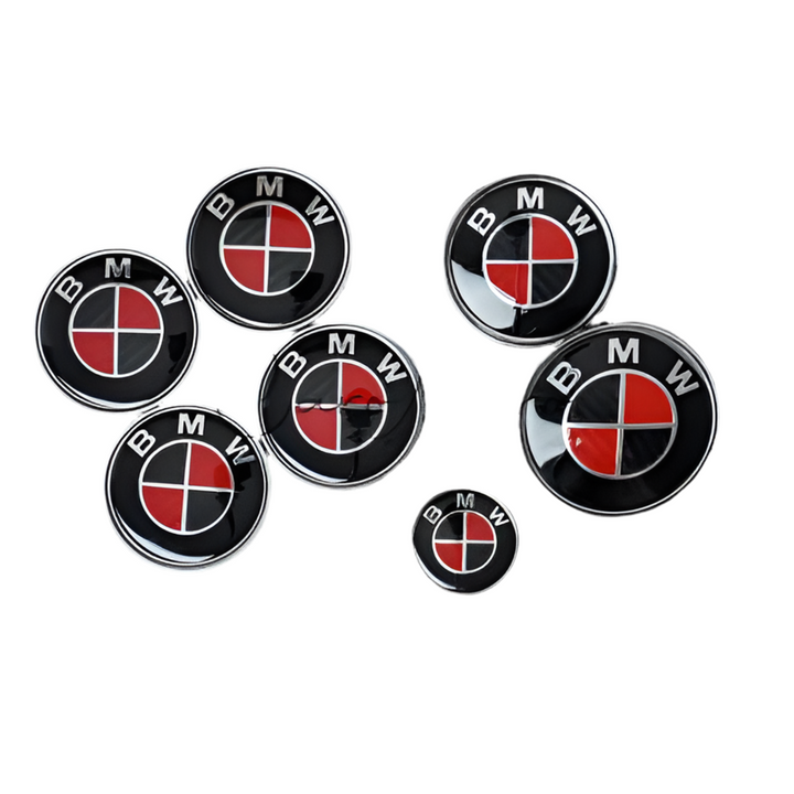 BMW Black & Red Wheel Centre Caps with Boot and Badges x 7 pieces