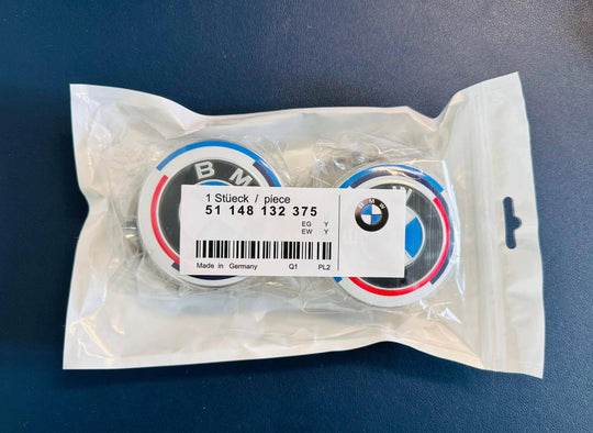 Set Of 4 BMW 50th Anniversary Blue/White 68mm Wheel Center Caps – Glossy Plastic – OEM Style