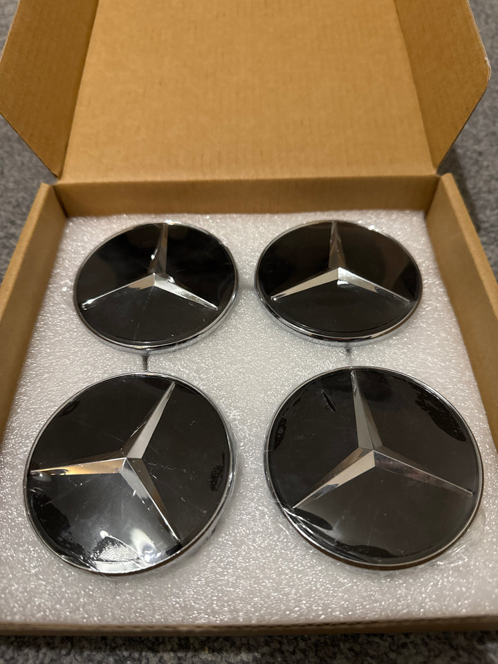 Set of 4 Floating - Mercedes Benz Logo Black Alloy Wheel Centre Caps A B C E S Class CLA, CLS AMG 75MM