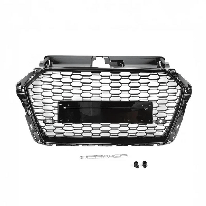 V2 honeycomb gloss black front grille for Audi A3 S3 8V facelift on a plain background