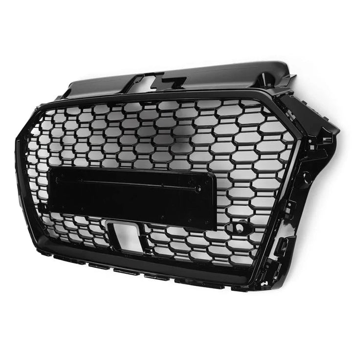 Audi A3 8V facelift V2 gloss black honeycomb front grille with ACC, three quarter view