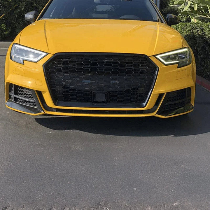 Gloss black honeycomb grille fitted to Audi A3 8V saloon, front view