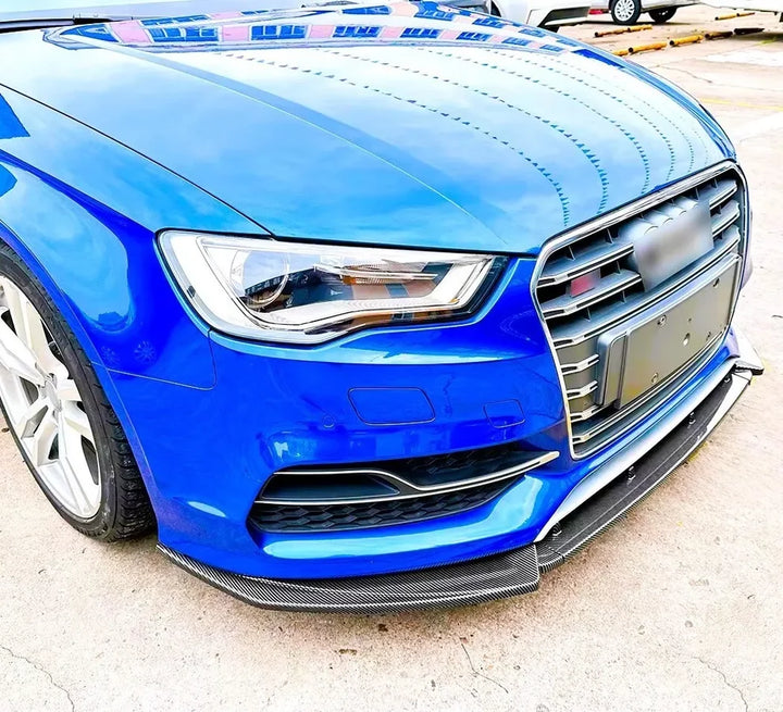 Audi A3 8V gloss black 3-piece front splitter, front three-quarter view
