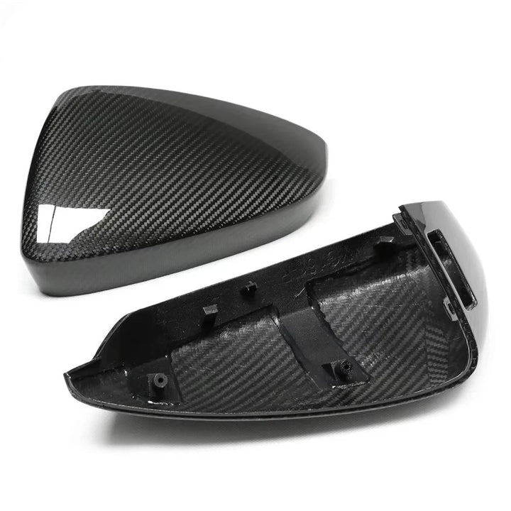Audi RS3 8Y dry carbon fibre mirror caps showing weave pattern close up