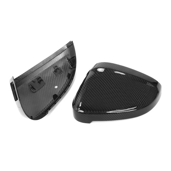 Pair of dry carbon fibre replacement mirror covers V1 for Audi A4 S4 RS4 A5 S5 RS5 B9 B9.5 showing clips