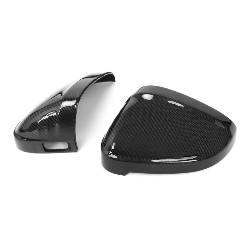 Pair of dry carbon fibre replacement mirror covers V1 for Audi A4 S4 RS4 A5 S5 RS5 B9 B9.5 showing lane assist cutout