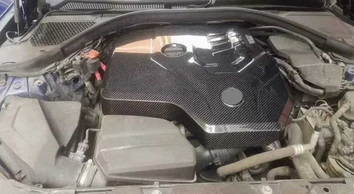 BMW G42 230i engine bay fitted with dry carbon fibre cover