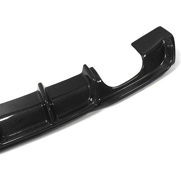 BMW 3 Series F30 F31 M Sport carbon fibre rear diffuser V3 quad exhaust close up showing exhaust cut out