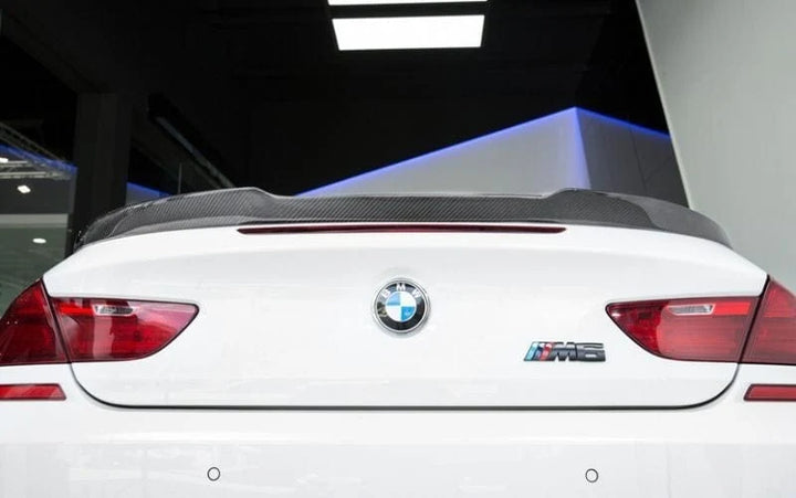 Carbon fibre rear spoiler fitted to BMW M6 F12 convertible, rear view