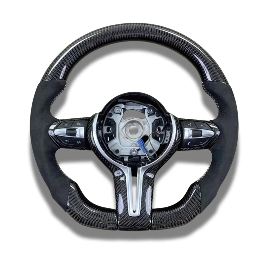 BMW F-chassis custom flat bottom carbon fibre steering wheel