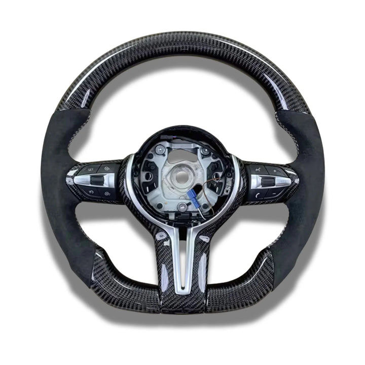 BMW F-chassis custom flat bottom carbon fibre steering wheel