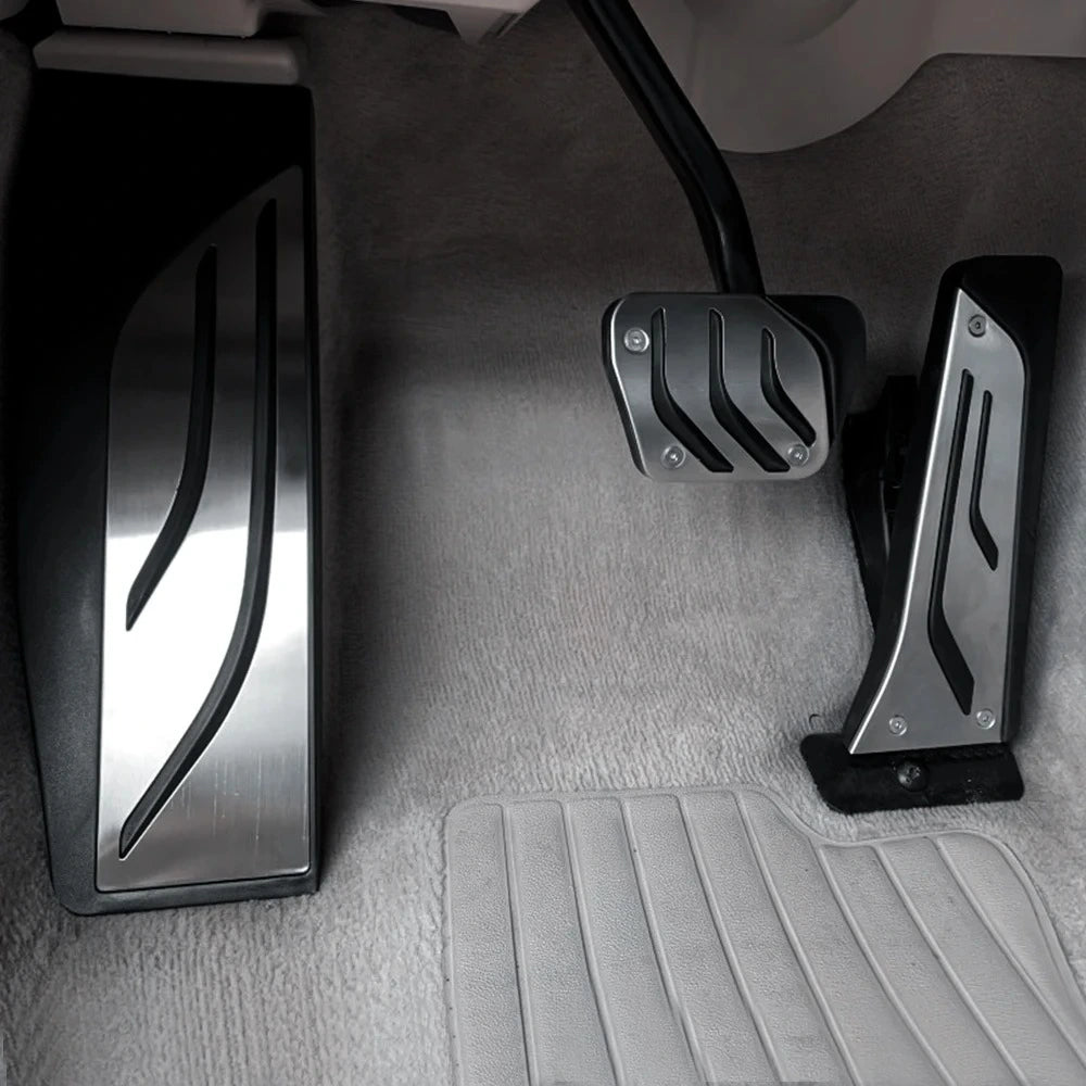 Stainless steel pedal cover installed on BMW accelerator pedal