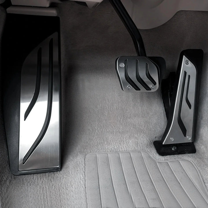 Stainless steel pedal cover installed on BMW accelerator pedal