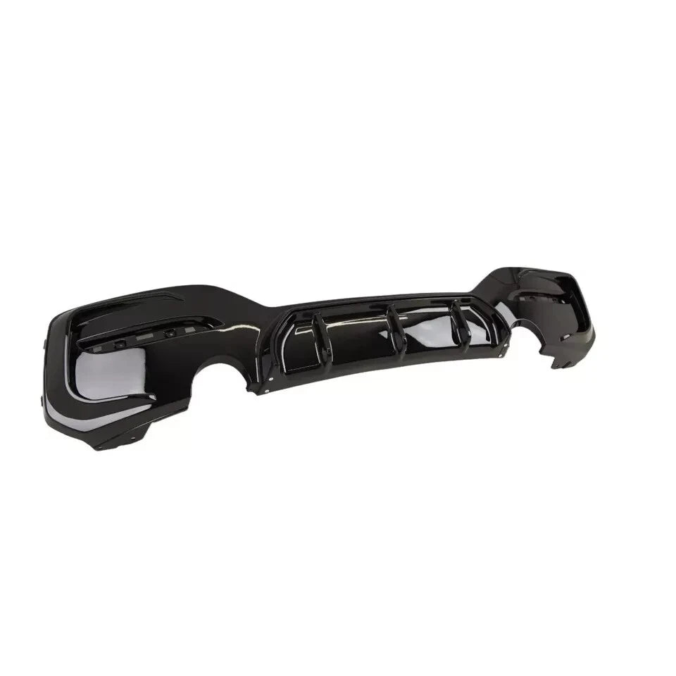Gloss black rear diffuser V1 for BMW F20 F21 LCI showing dual exhaust cut-outs