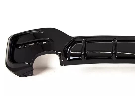 Gloss black rear diffuser V1 for BMW F20 F21 LCI showing dual left exhaust cut-outs