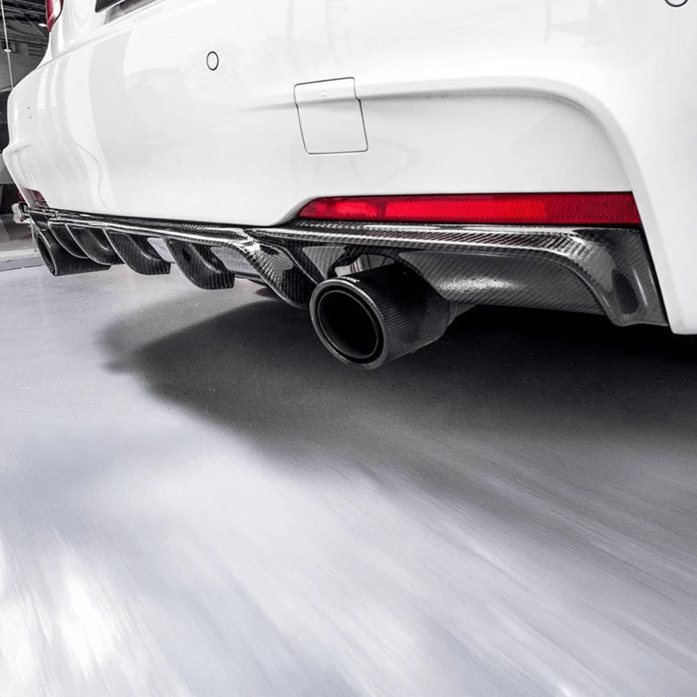 BMW 3 Series F31 twin exhaust diffuser installed showing right exhaust