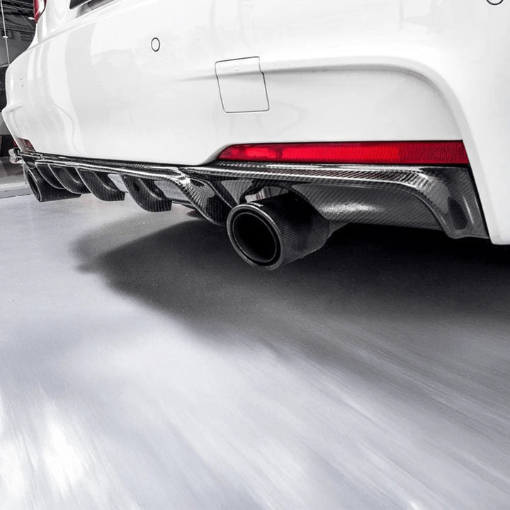 BMW 3 Series F31 twin exhaust diffuser installed showing right exhaust