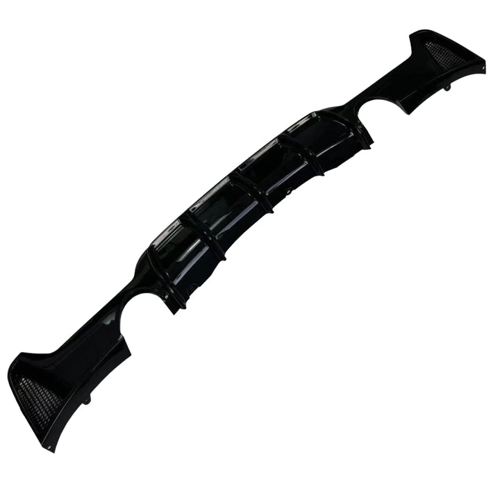 Gloss black rear diffuser for BMW F32 M Sport showing dual exhaust cut-outs one each side
