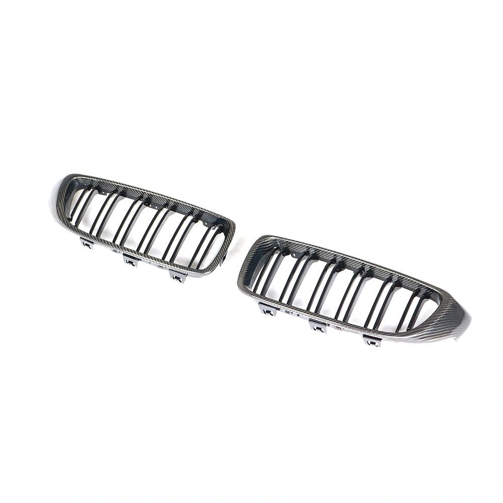 BMW M3 M4 double-slat carbon fibre kidney grille pair angled