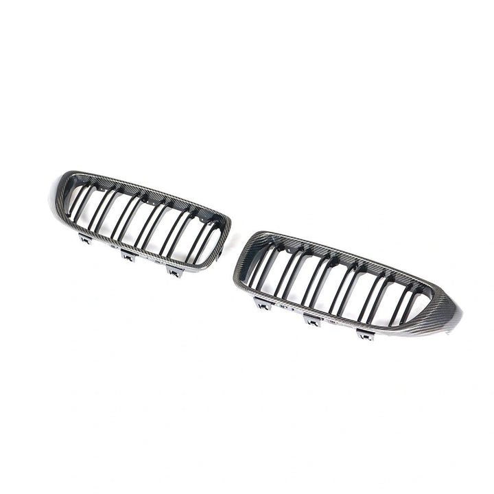 BMW M3 M4 double-slat carbon fibre kidney grille pair angled