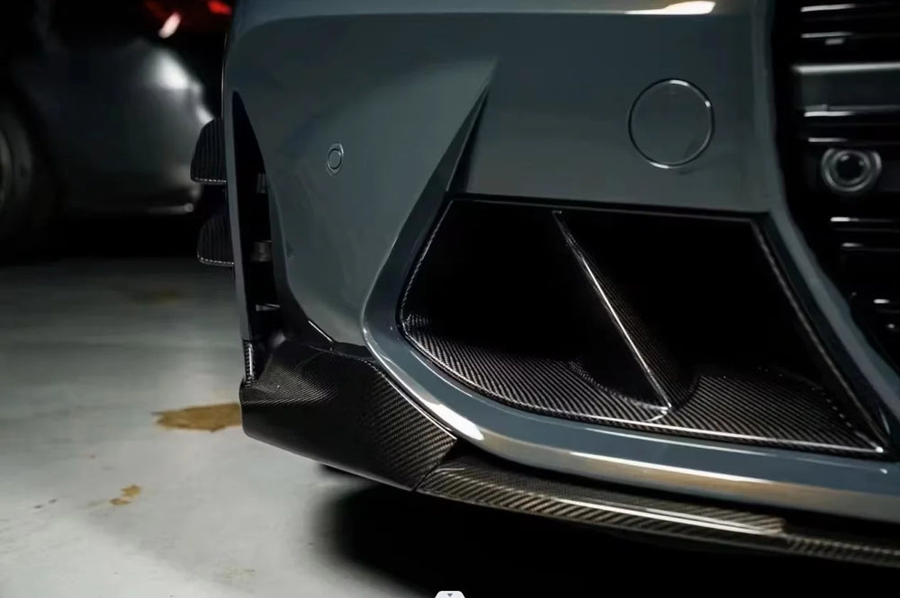 BMW M4 G82 dry carbon fibre front splitter installed close-up