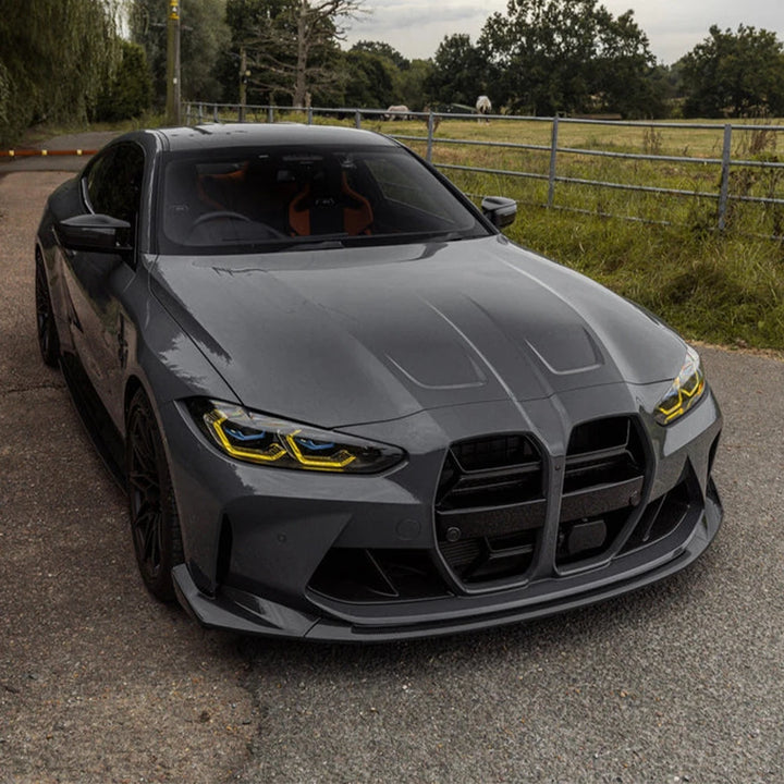 Dry carbon fibre front splitter V2 for BMW M3 G80 showing installation