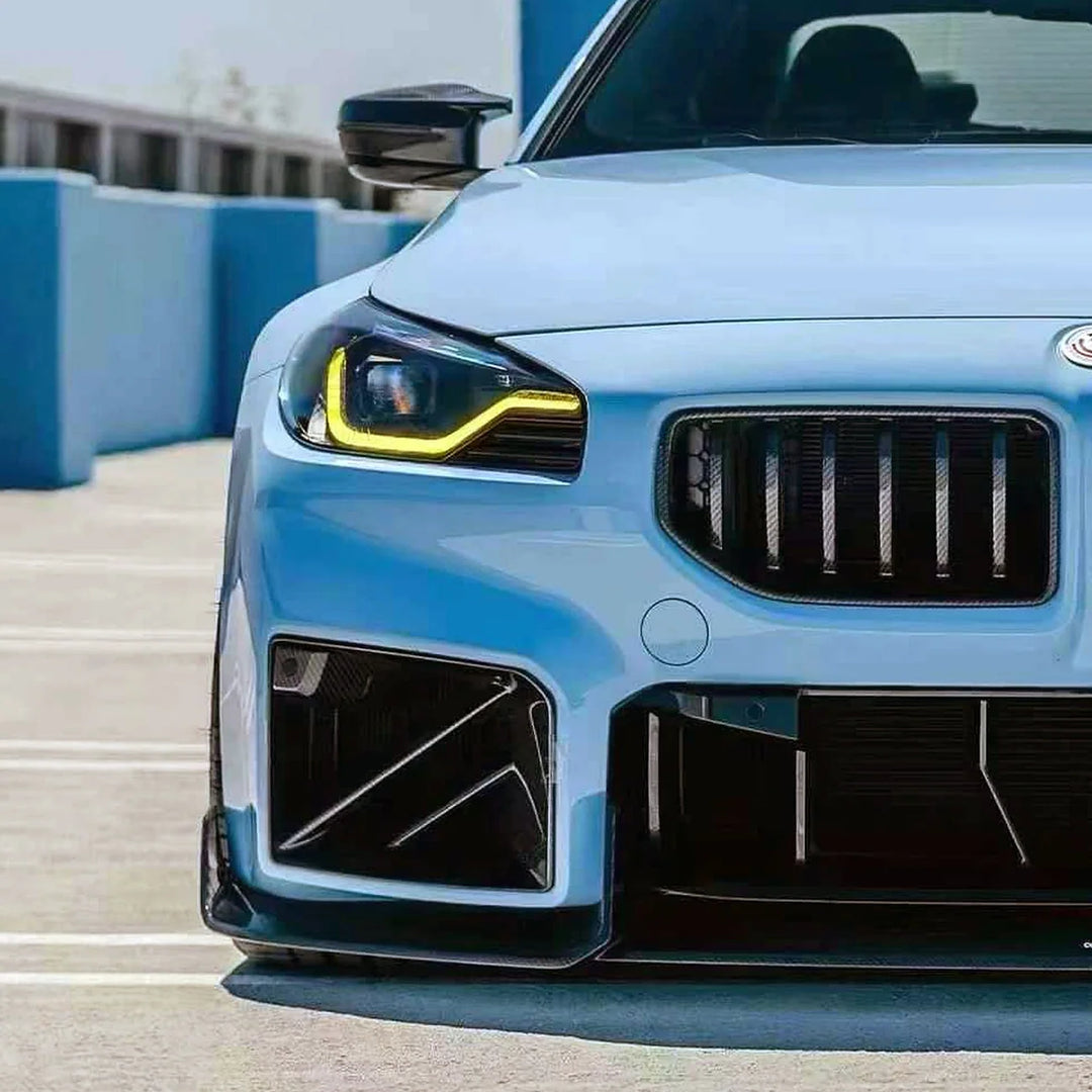 BMW M2 G87 V3 pre-preg carbon fibre front splitter fitted, front view