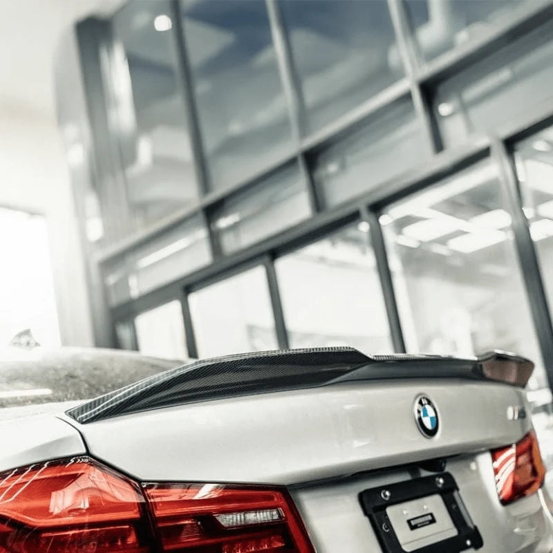BMW M5 F90 V2 carbon fibre rear spoiler, rear three-quarter view