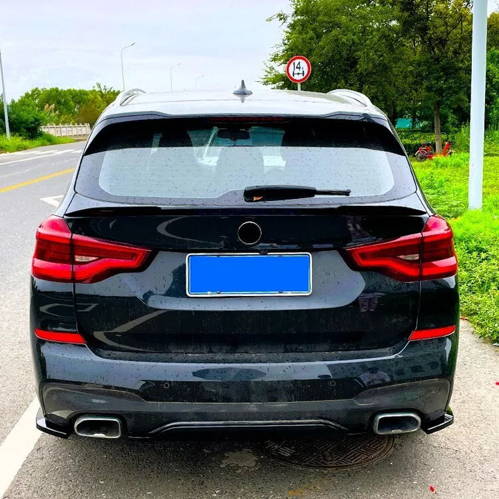 BMW X3 G01 tailgate with gloss black rear mid boot spoiler, rear view