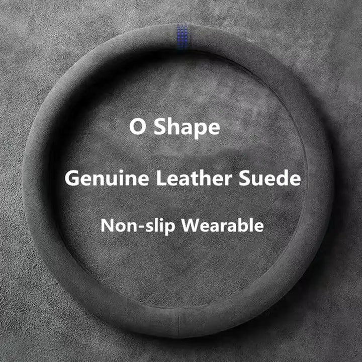 Cowhide Suede Steering Wheel Cover — Universal 37–38cm, Breathable