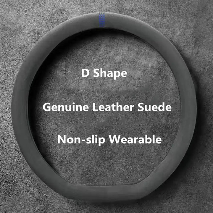 Cowhide Suede Steering Wheel Cover — Universal 37–38cm, Breathable