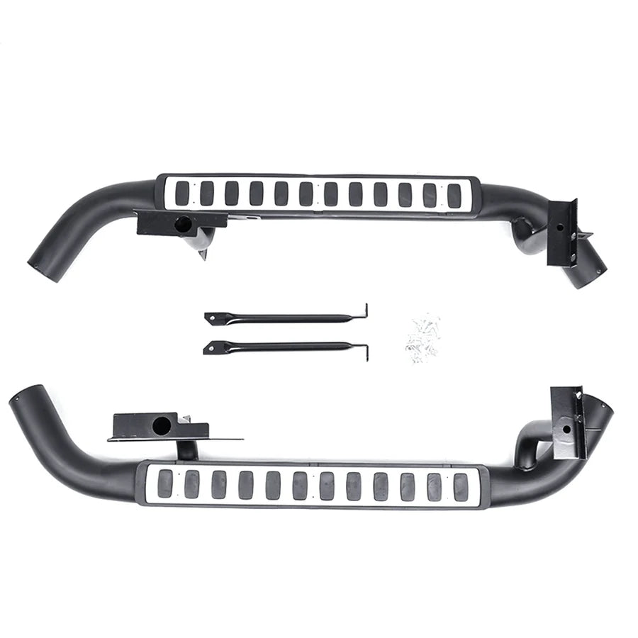 Land Rover Defender 110 L316 black silver side steps rear angle