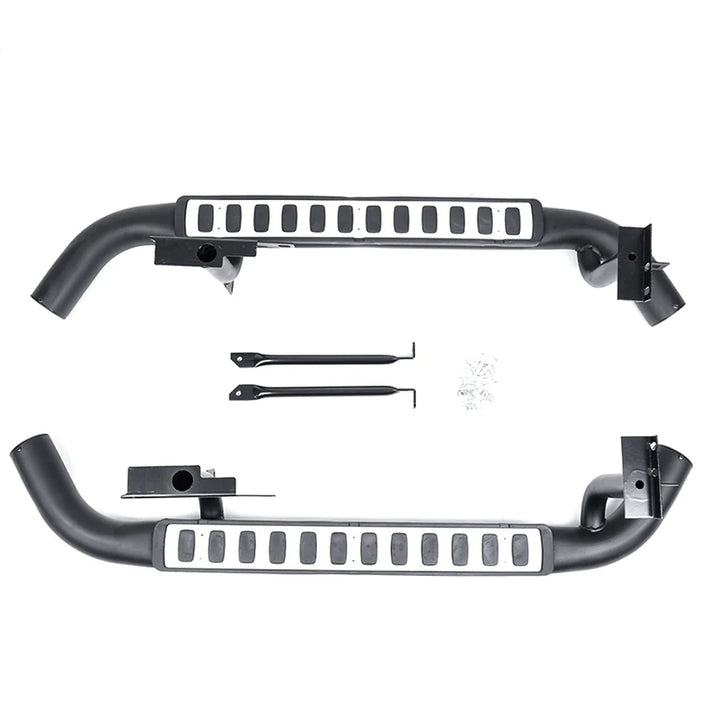 Land Rover Defender 110 L316 black silver side steps rear angle