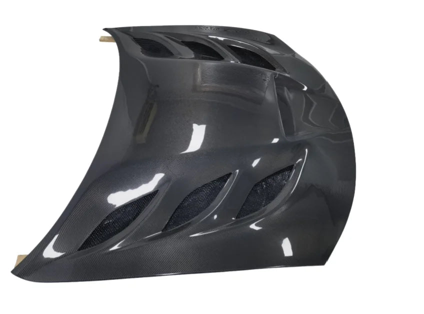 Carbon fibre vented hood for Dodge Charger showing weave