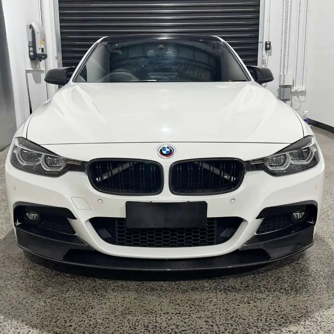 BMW F30 F31 3 Series M Sport genuine carbon fibre front splitter V1 fitted to BMW F30