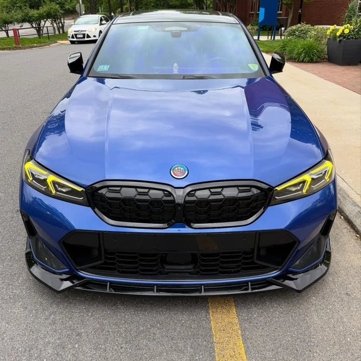 Close-up of yellow DRL on a BMW G20 3 Series adaptive LED headlight