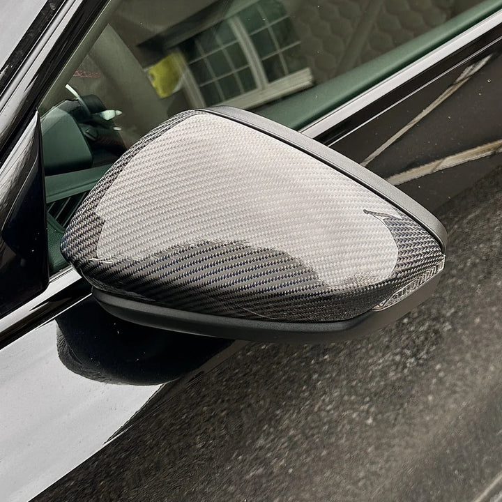 VW Golf MK8 fitted with carbon fibre mirror covers