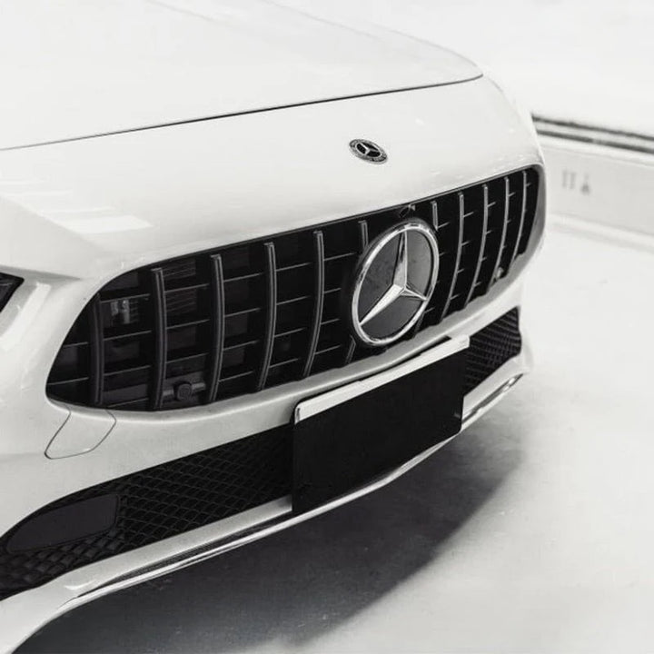 Mercedes CLA35 front end with gloss black vertical slat grille detail