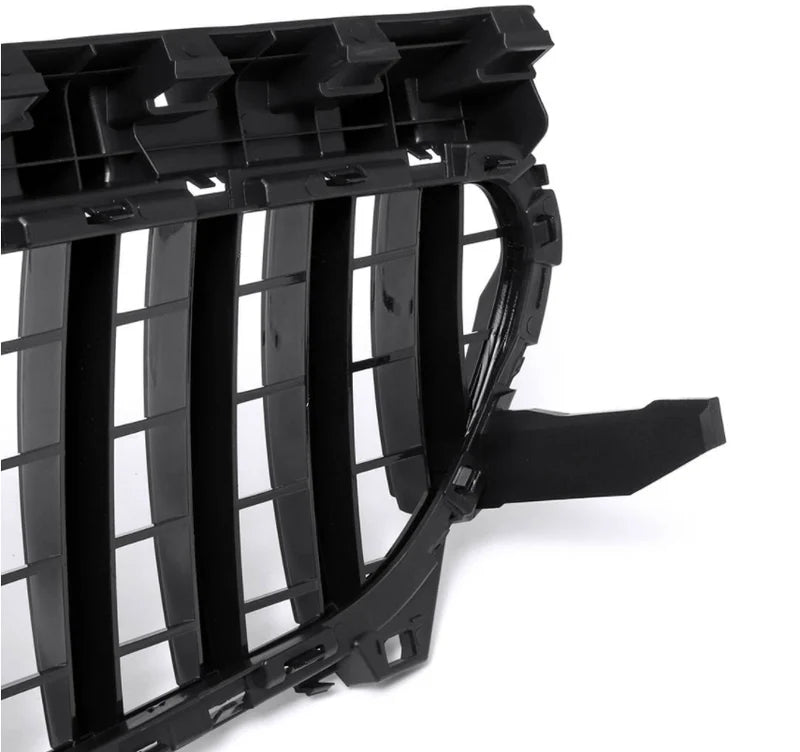 Mercedes-Benz CLA C117 gloss black vertical slat front grille, close up of the rear view