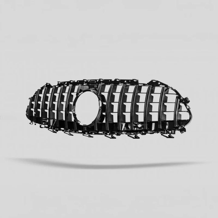 Mercedes CLS C257 gloss black vertical slat front grille, three quarter view