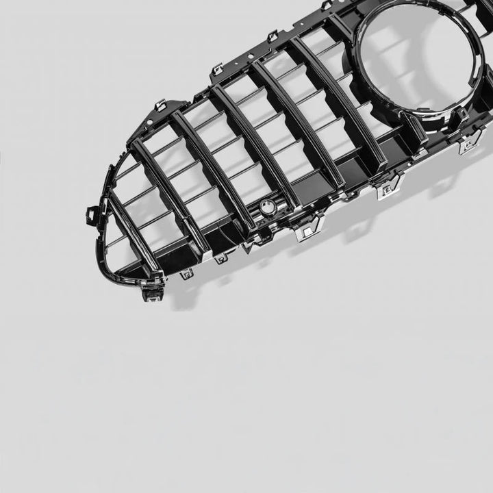Mercedes CLS C257 gloss black vertical slat front grille, close up