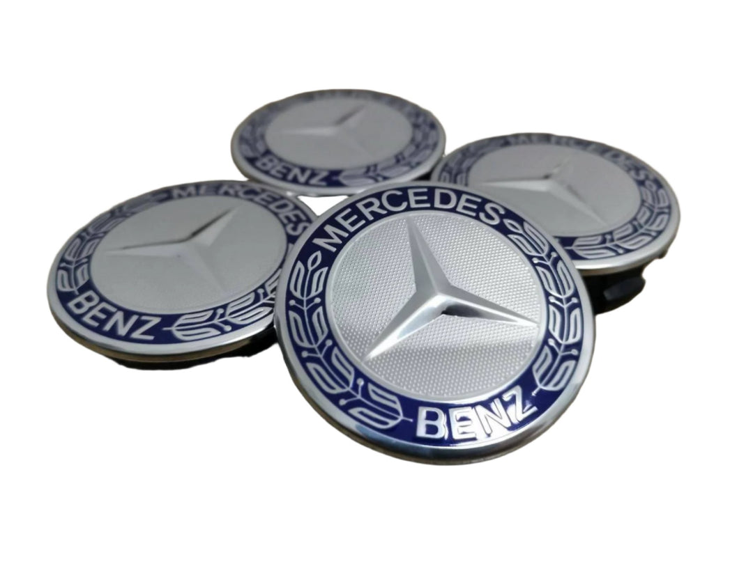 Set of 4 Mercedes Silver Blue Alloy Wheel Centre Caps 75mm - AutoCap Solutions