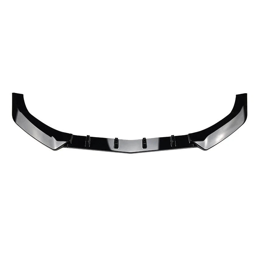 Gloss black ABS 3-piece front splitter for Mercedes W212 on a plain background constructed to 1 piece