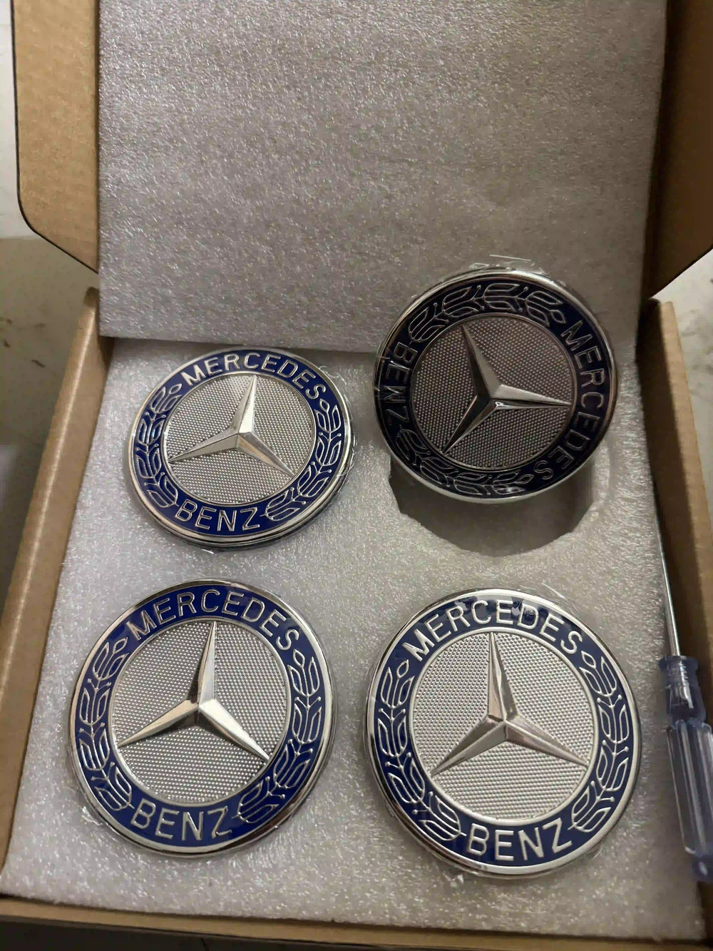 Set of 4 Floating Mercedes-Benz Silver Blue Wheat 75mm Alloy Wheel Centre Caps | AutoCap Solutions