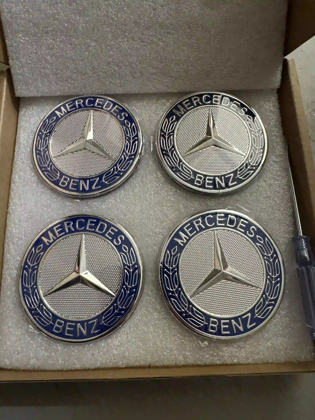 Set of 4 Floating Mercedes-Benz Silver Blue Wheat 75mm Alloy Wheel Centre Caps | AutoCap Solutions