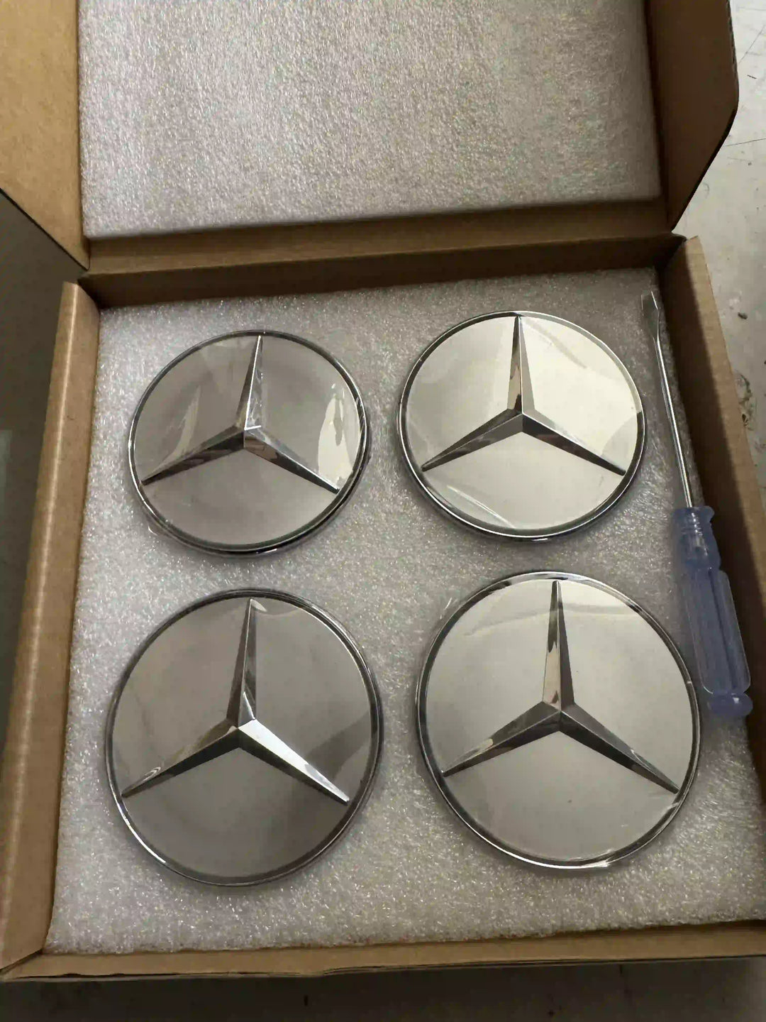 Set of 4 Floating - Mercedes Benz Logo Silver Star Alloy Wheel Centre Caps 75mm