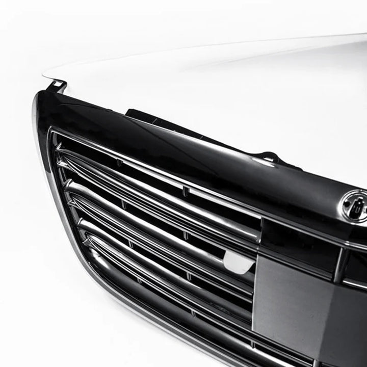 Gloss black V1 front grille for Mercedes S-Class W222, close-up of the grille