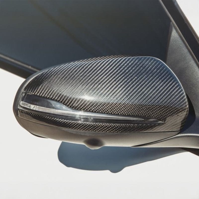 Dry carbon fibre replacement mirror cover V1 for Mercedes E43 W213 showing weave