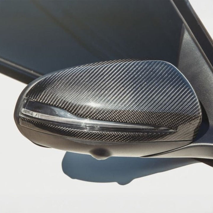Dry carbon fibre replacement mirror cover V1 for Mercedes E43 W213 showing weave