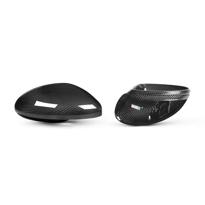 Dry carbon fibre mirror cover for Porsche 718 Cayman showing weave